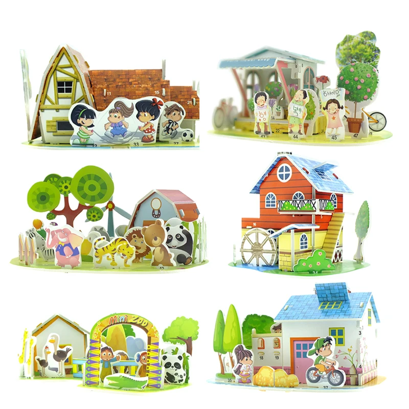 Kids Puzzle Diy Hand-Inserted Building Blocks 3d Stereo Puzzle European Cartoon Villa House Zoo Model Puzzle Toy Gift p323