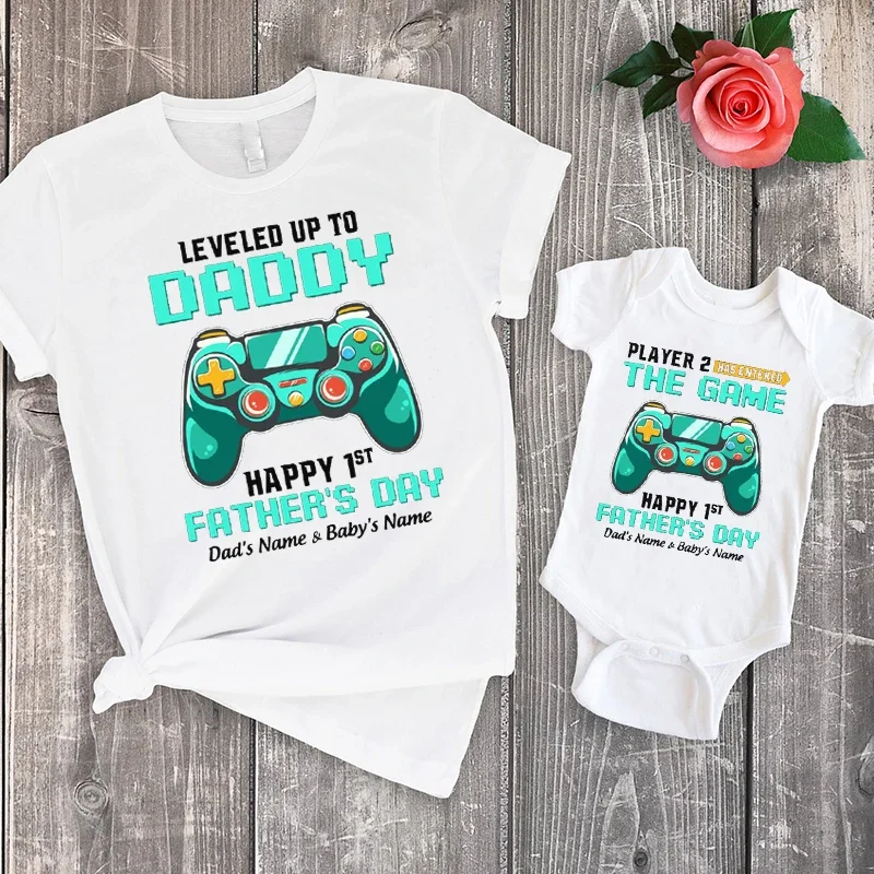 

Daddy Happy 1st Father's Day Custom T Shirt Player 1 Player 2 Shirts Personalized Gift Dad Name Tee Gift for Papa m