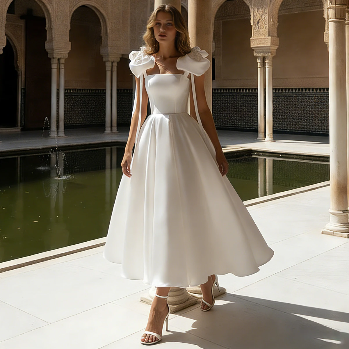 

Simple Teal Length Satin Wedding Dresses With Bow Square Collar Ball Gown For Bride Pleated Bridal Gown For Women Vestidos Novia