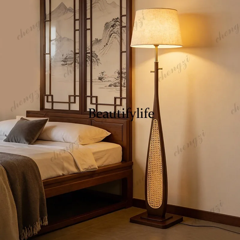 Song-style aesthetics living room bedroom decoration atmosphere fabric art solid wood tea room zen vertical floor lamp