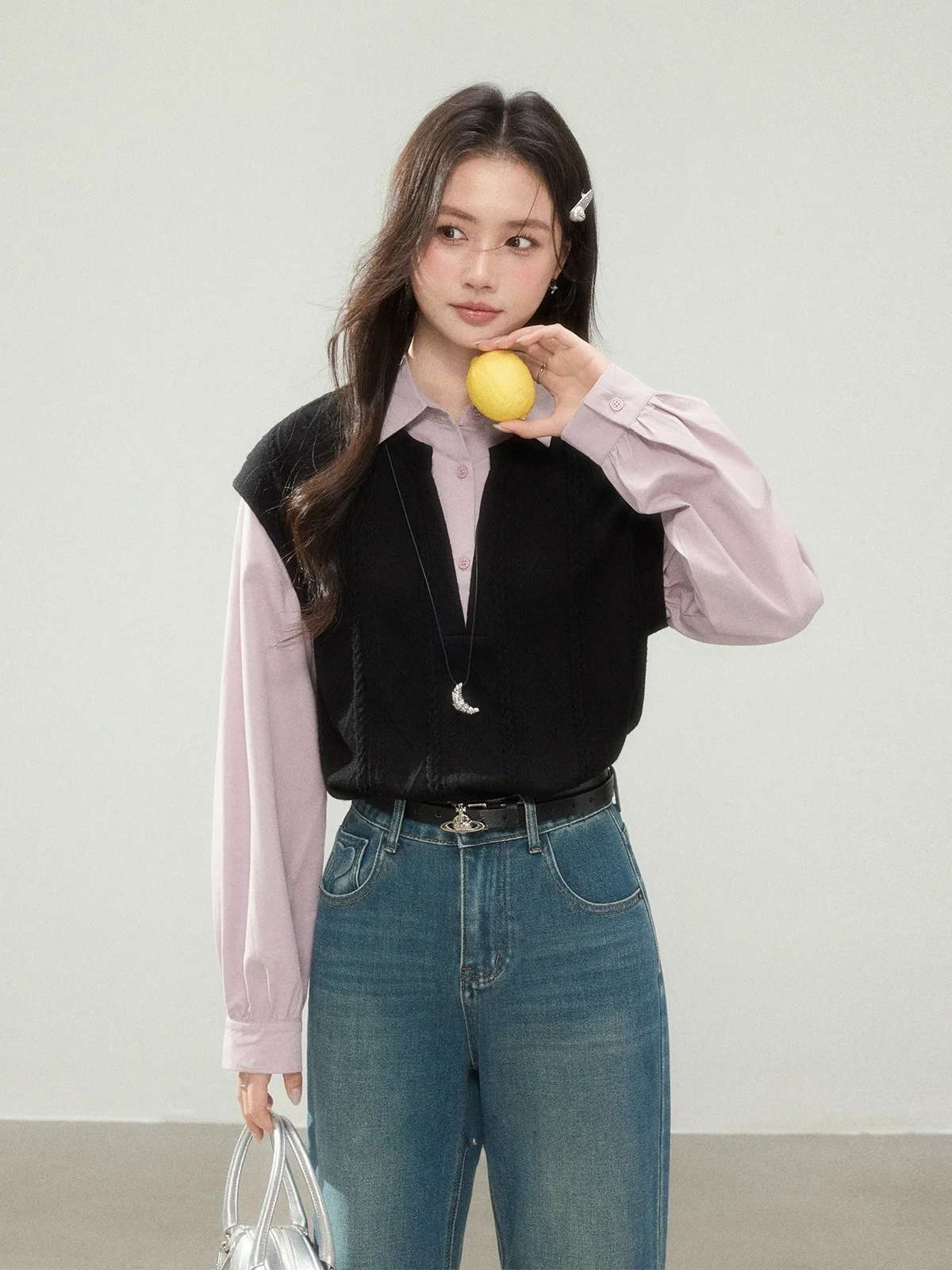 

Loose Long Sve irt Women's Purple Design Sense Splicing Spring New Sle Casual Breathable Comfortable Faux Two-Piece Top