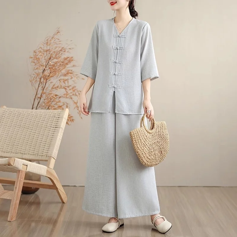 Moda algodão e cânhamo yoga conjunto de roupas 2025 outono novo chá roupas topo linho calças perna larga duas peças roupa para mulher w1214