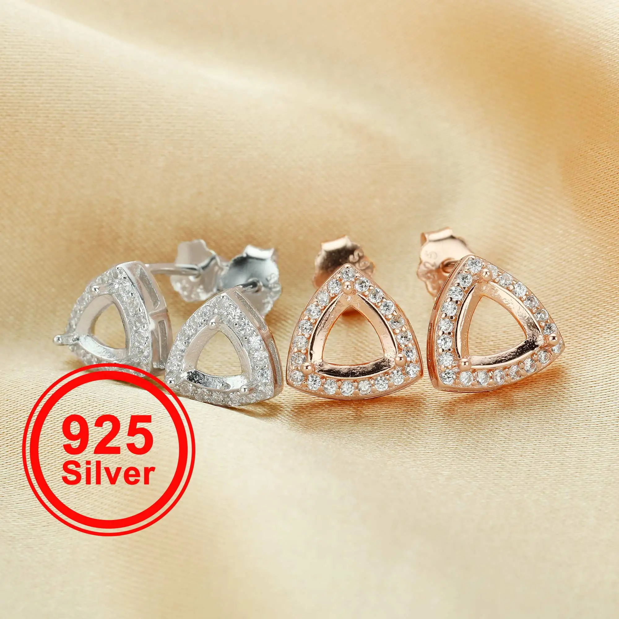 5-6MM Rose Gold Plated Solid 925 Sterling Silver Trillion Triangle Prong Bezel DIY Studs Earrings Settings for Gemstone 1706047