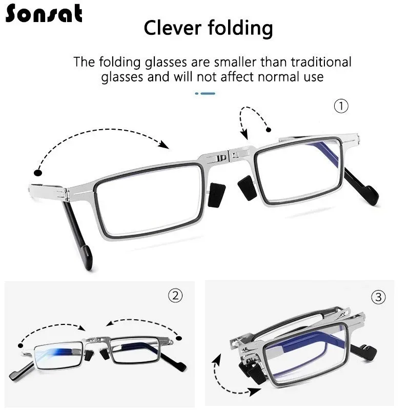 Retro Folding Reading Glasses for Men / Women Metal Frame Anti-blue Light Eyeglasses with Free Case