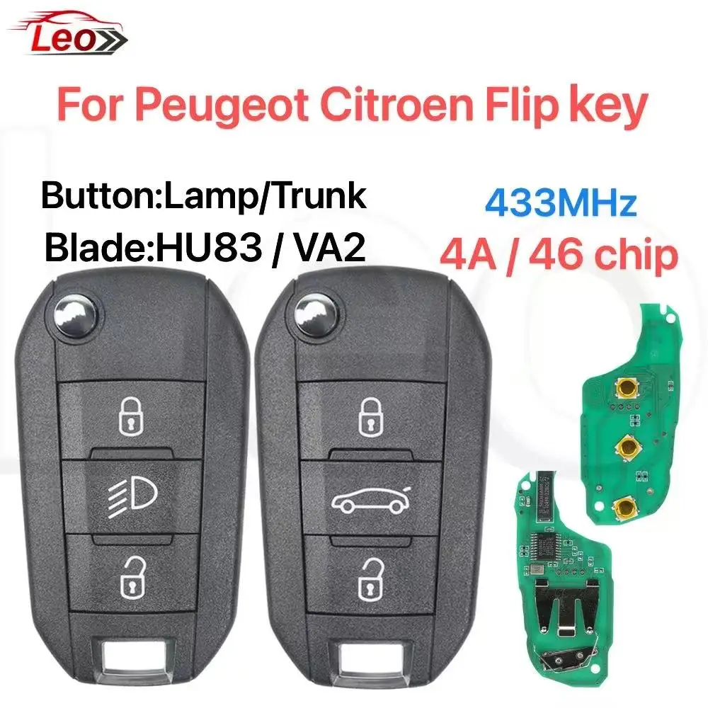 

Автомобильный выкидной ключ-пульт Leo для Peugeot 208, 2008, 301, 308, 508, 5008, Citroen Jumpy 2017, C4-Cactus, C-Elysee, 433 МГц, 46/4A-CHIP HU83/VA2