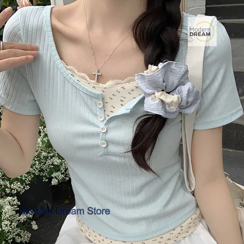 

French ballet lace round neck short sleeve T-shirt female summer new fake two-piece fashion Joker slim fit with bottoming coat.