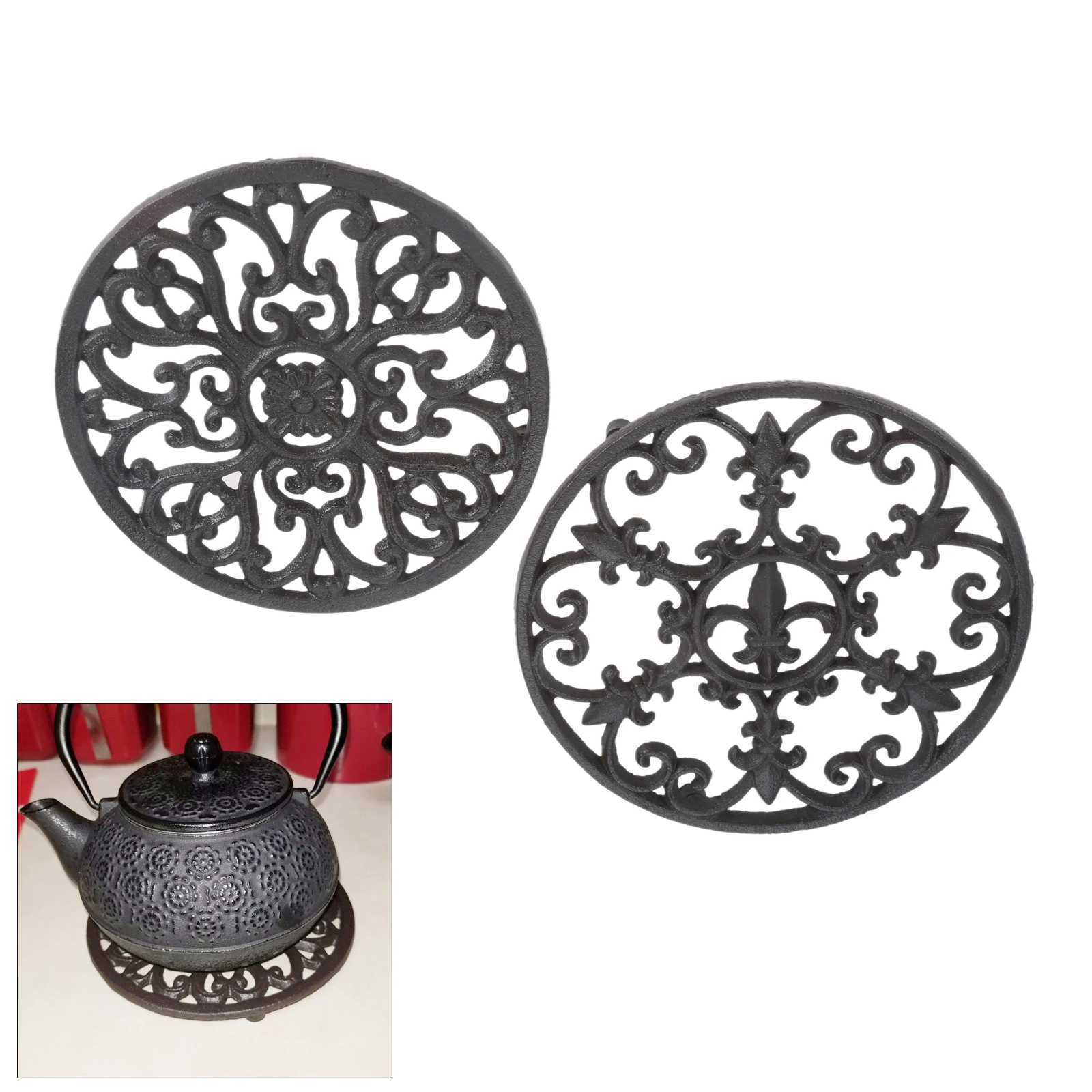 1pc Cast Iron Teapot Trivet Vintage Exquisite Brown Round Pot Holder Hollow Mat Insulation Pad Table Decor Kitchen Teaware Retro