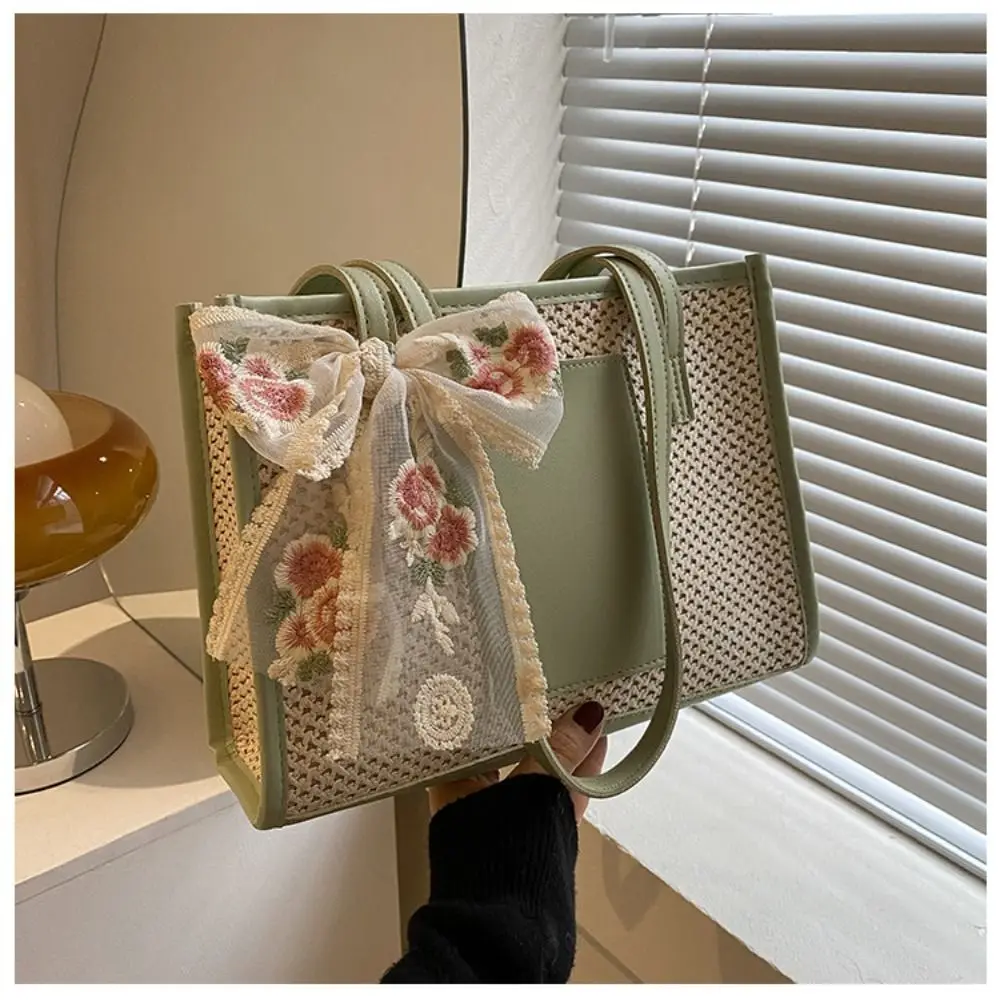 Straw Vine Tote Bag 2023 Handwoven Bag Travel Basket Straw Woven Bag Shoulder Handheld Women Beach Bag Women's