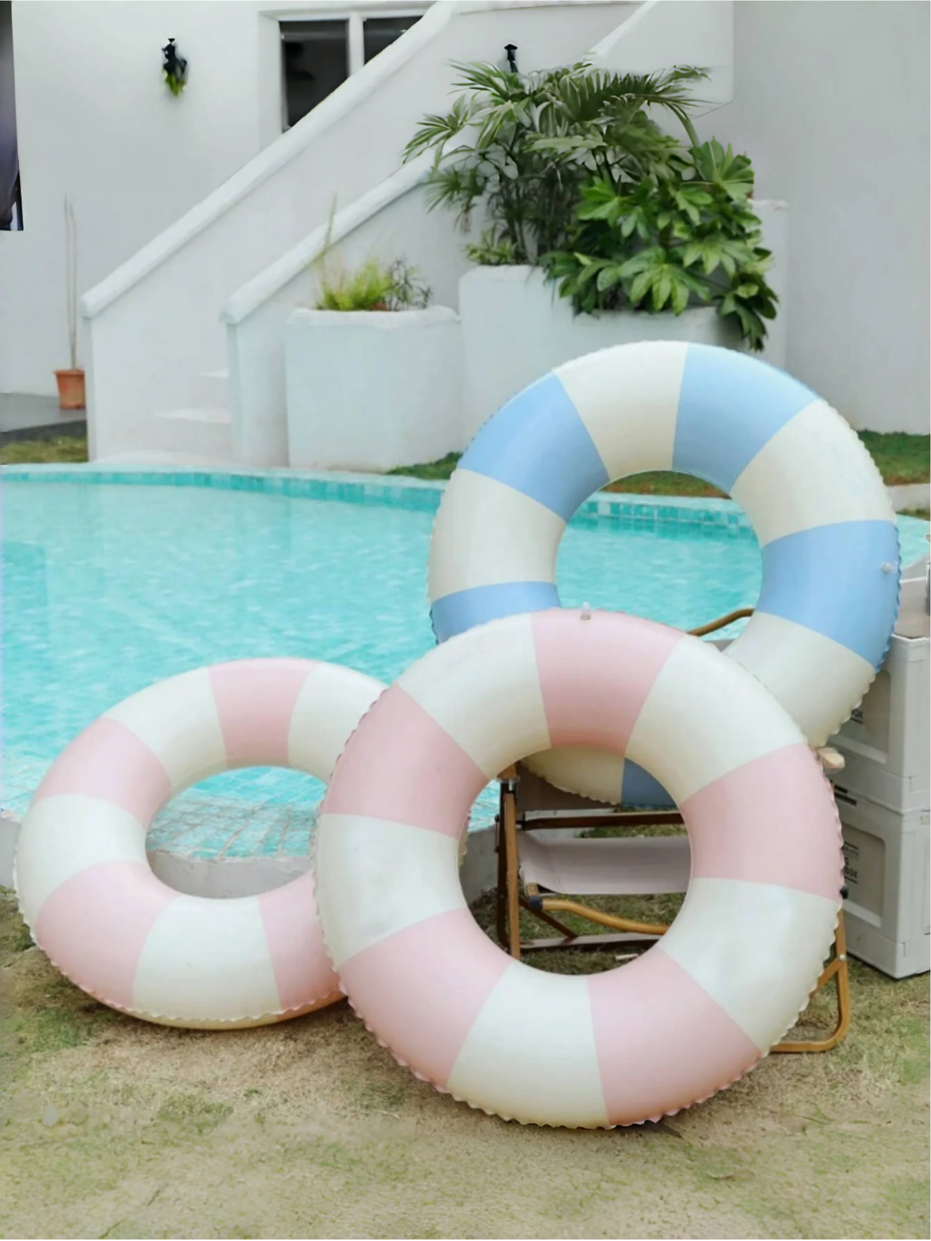 1pc Inflatable Striped Blue And Pink Unisex Swimming Ring, Thickened PVC Pool Float For Summer Beach Parties
