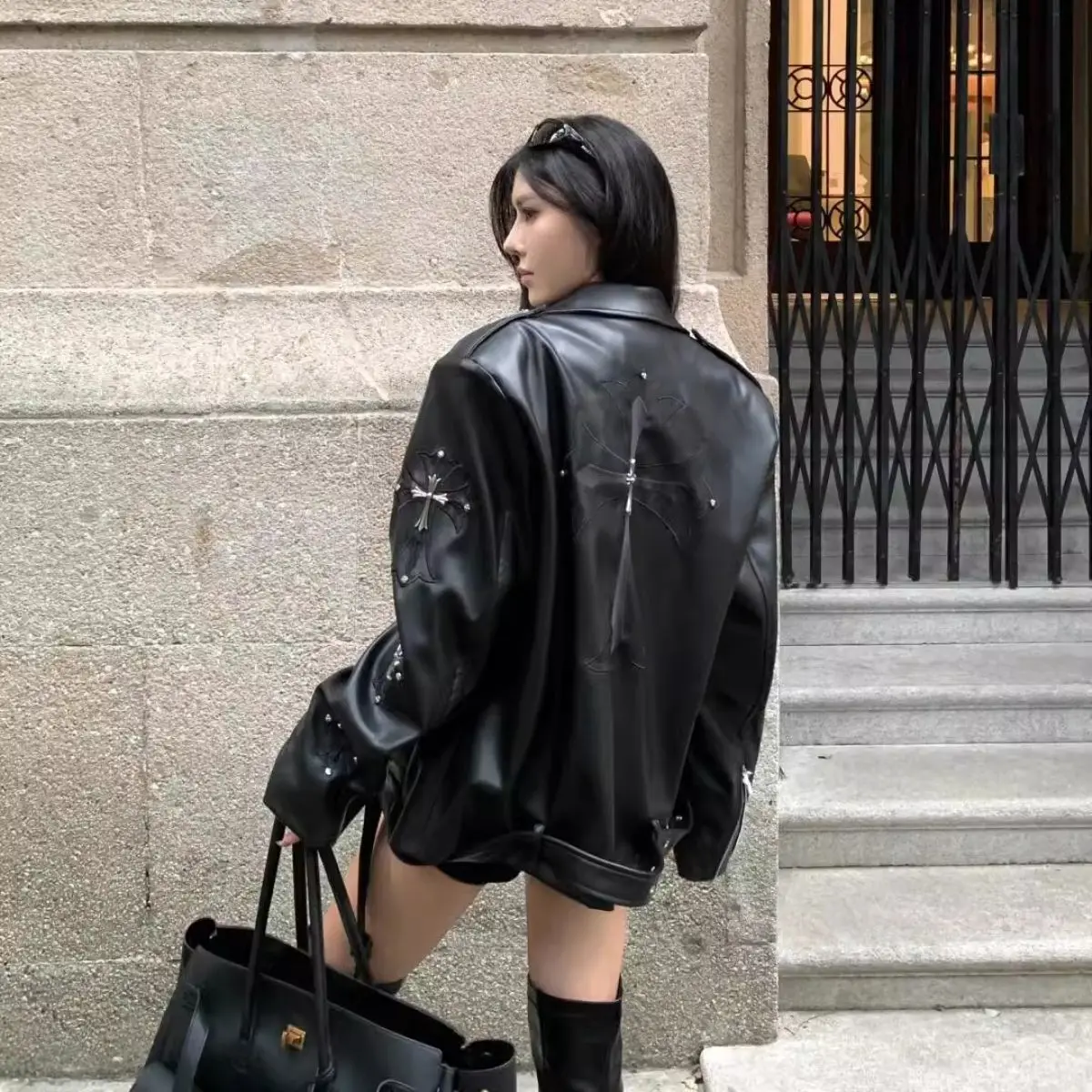 

Vintage Cross PU Leather Jacket Women 2025 Loose Zipper Coat Retro Oversized Outerwear Casual Commuter Style