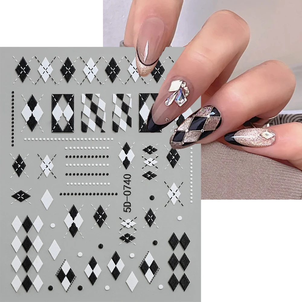 5D Embossed Black White Rhombic Checkerboard Nail Sticker Plaid Polka Dots Line Self-adhesive Nail Decals DIY Manicure Decoratio