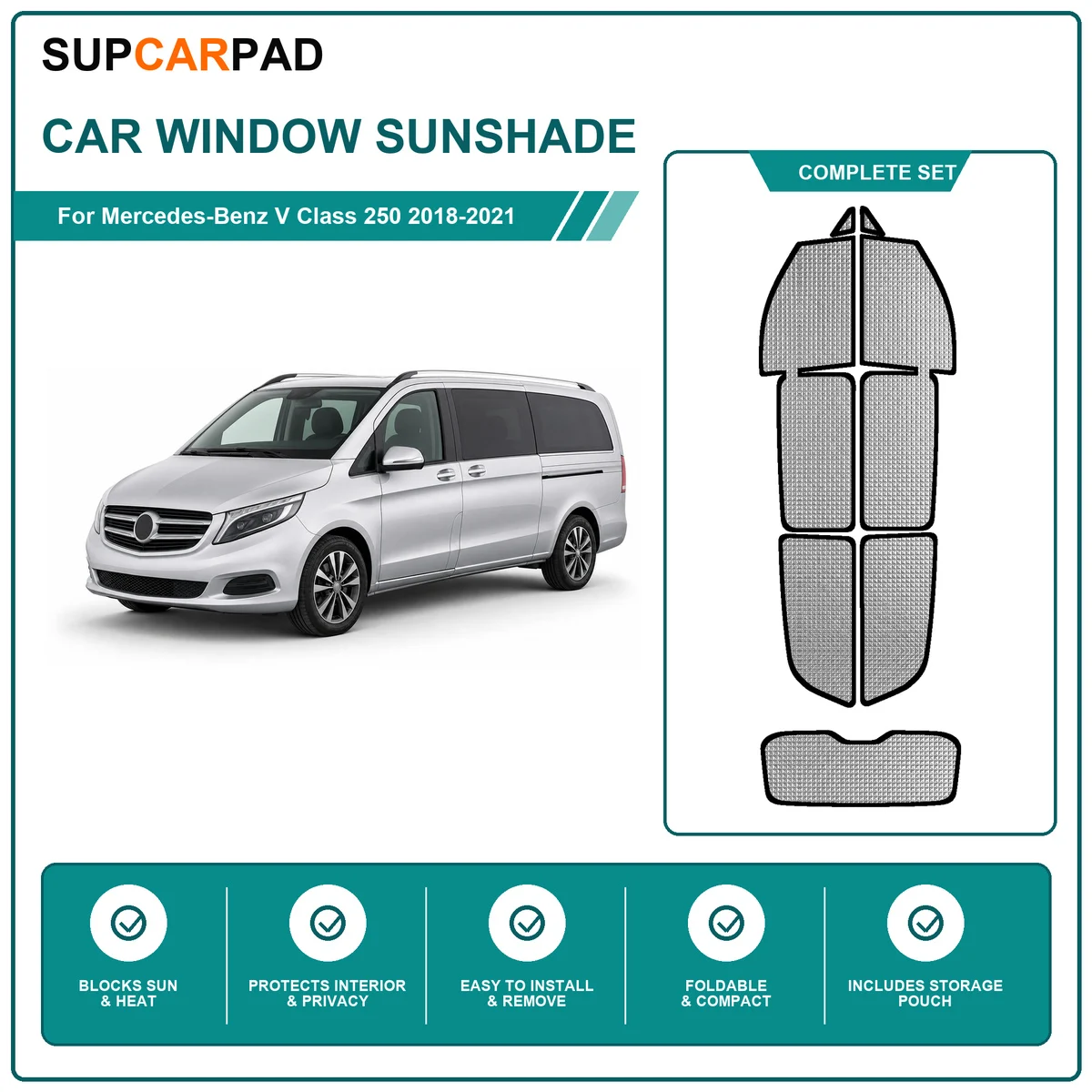 For Mercedes-Benz V Class 250 2018-2021 Full Set Car Window Sunshades UV Block Privacy Heat Insulated Foldable Car Curtain