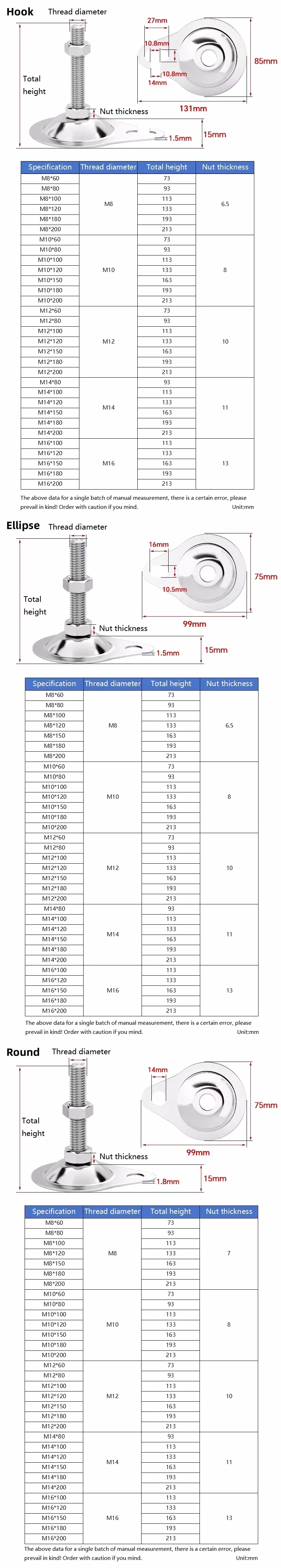 M8 M10 M12 M14 M16 304 Stainless Steel Flat Base With Hole Fixed Support Foot Bracket Ear Hook Base Anti-slip Mounting Feet