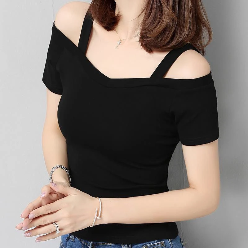 Moda sexy casual fora do ombro suspensórios camiseta de manga curta para mulher