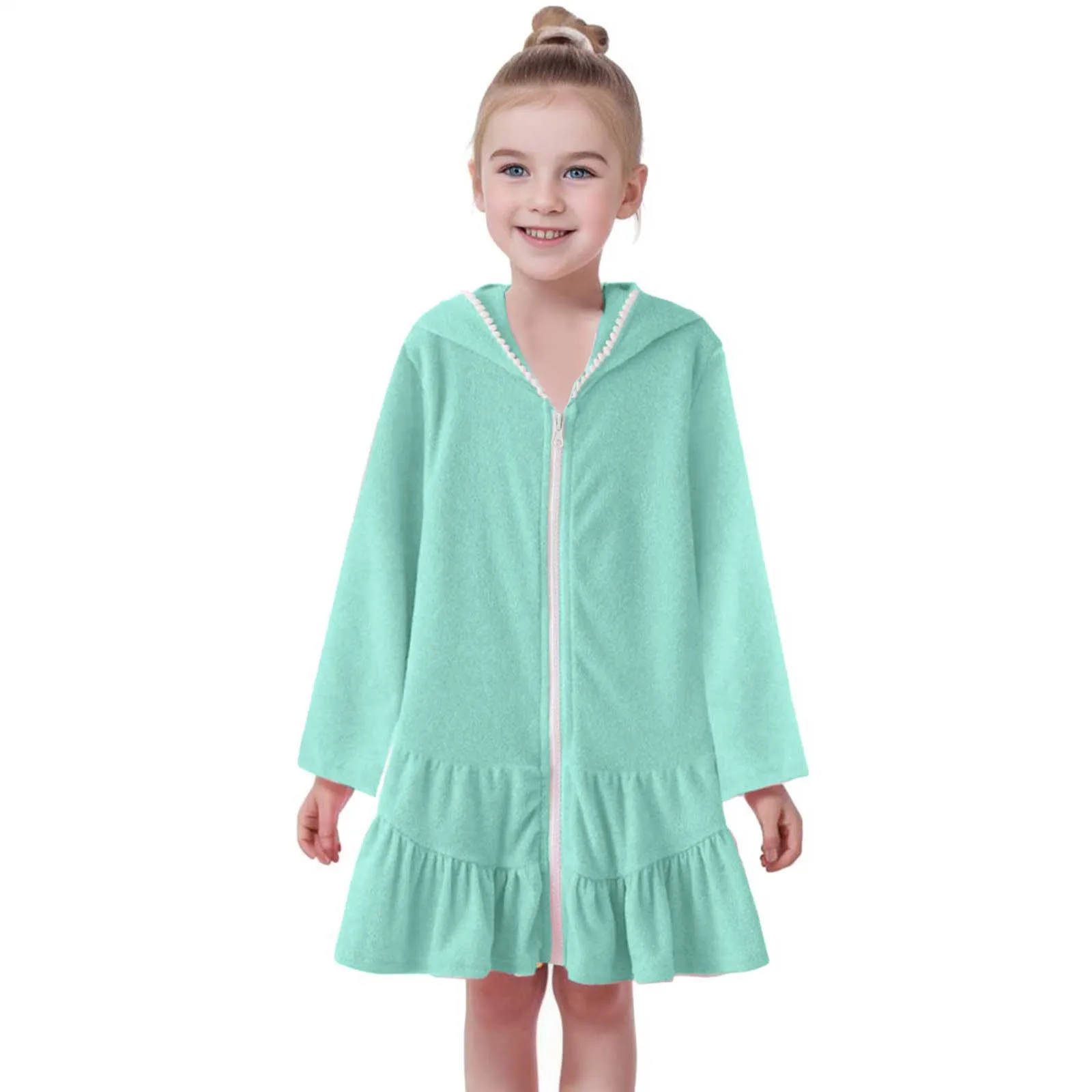 

Fashion Kids Girls Beach Dress 2-8y Summer Solid Color Ruffled Zipper Casual Loose Swimsuit Coverup Beachwear