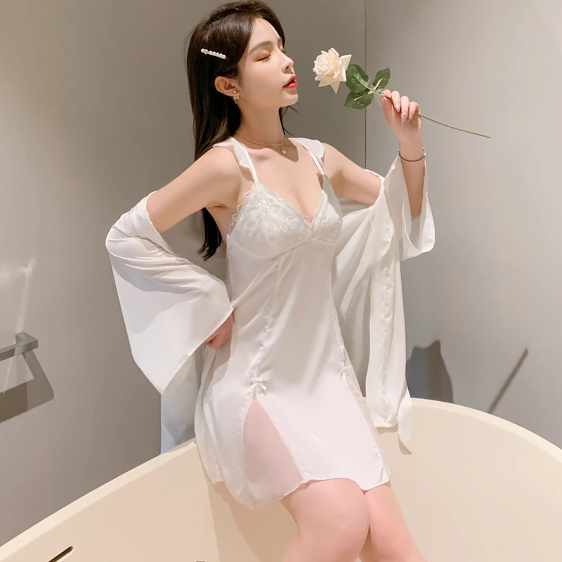 Match chest cushion summer ice silk condole belt nightdress lace sexy nightgown home dress pajamas female spring and autumn