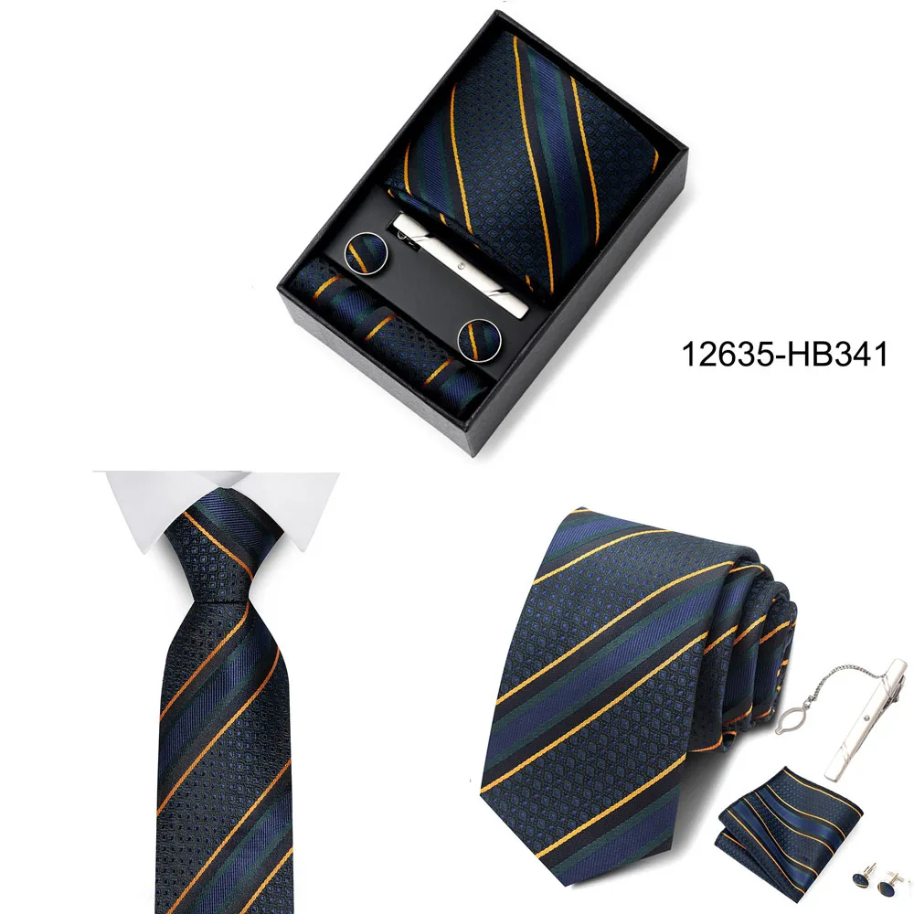 Heißer Verkauf Urlaub Geschenk Box Für Männer 8 cm Krawatte Taschentuch Manschettenknopf Clip Set Blau Druck Hochzeit Geschenk Fit Business – Detail 5