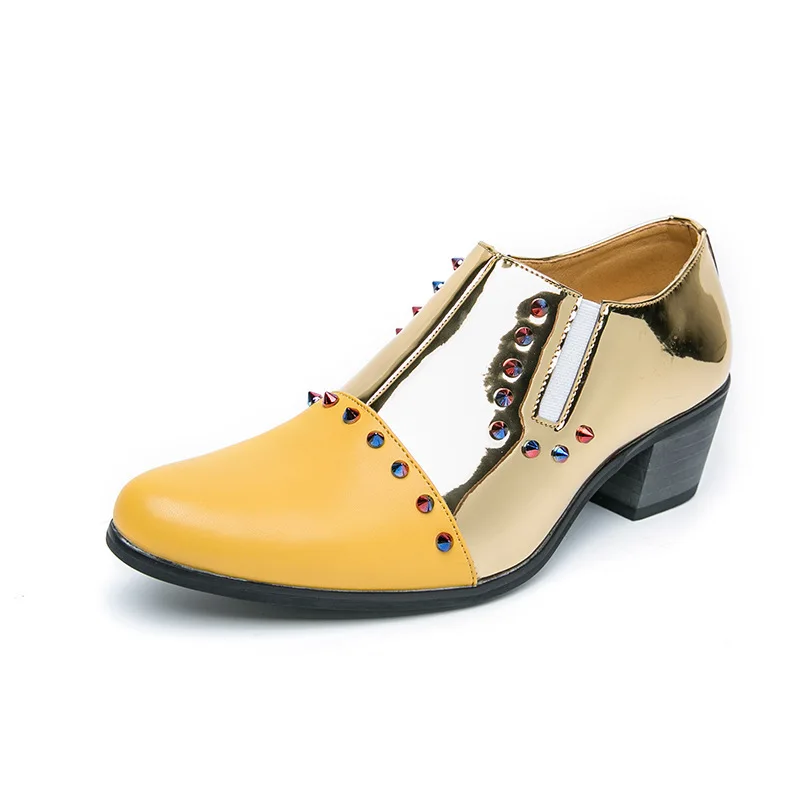New Designer Patent Leather Elevator Cuban Shoes for Men Pointed Colour Rivet Loafers Wedding Dress Formal Footwear