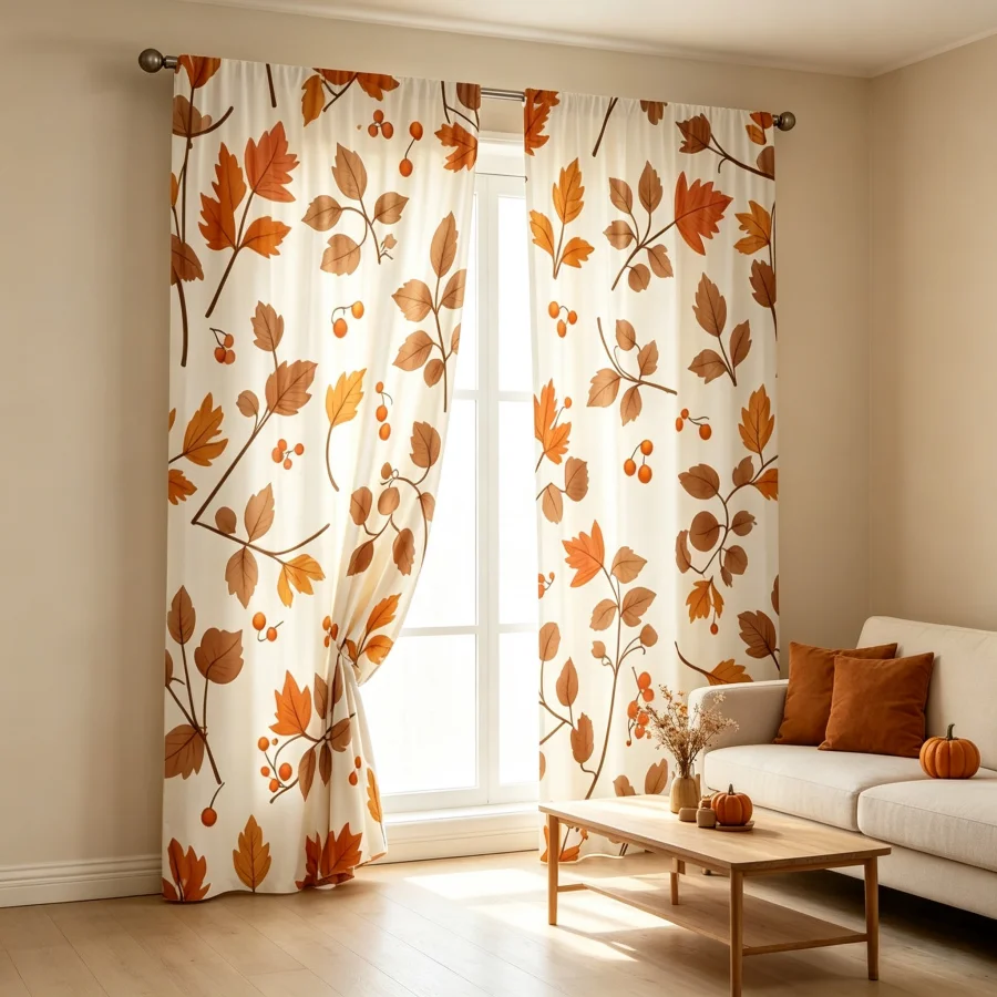 2PCS Digital Print Curtain, Orange Brown Autumn Fall Leaves, Fall Season Warm Cozy Style for Living Room Bedroom Decor