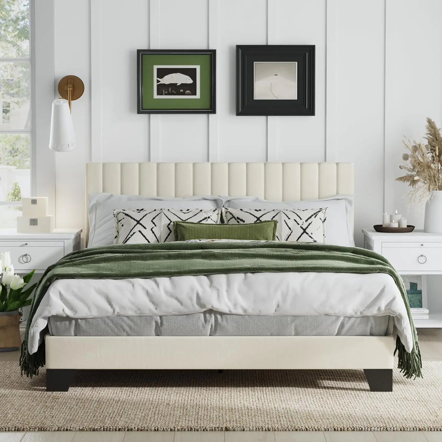 Queen Size Bed Frame, Velvet Upholstered Platform Bed with Adjustable Tufted Headboard, Sturdy Frame and Slats, Noiseless, No Bo