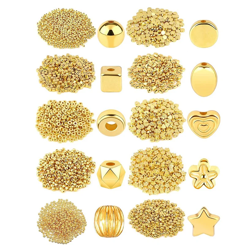 H-W 1500Pcs 10 Styles Gold Spacer Beads Assorted Jewelry Making Loose Beads for DIY Bracelet Necklace Earring
