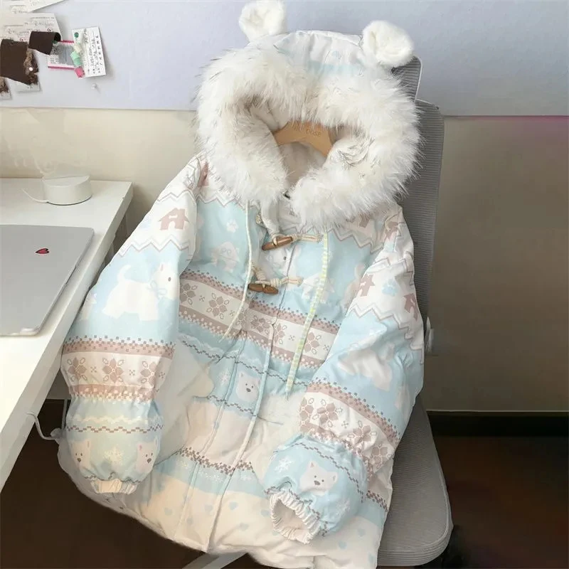

Sweet Print Hooded Parkas Women Winter Thick Warm Kawaii Horn Button Puffy Coats Preppy Casual Fur Collar Patchwork Chic Outwear