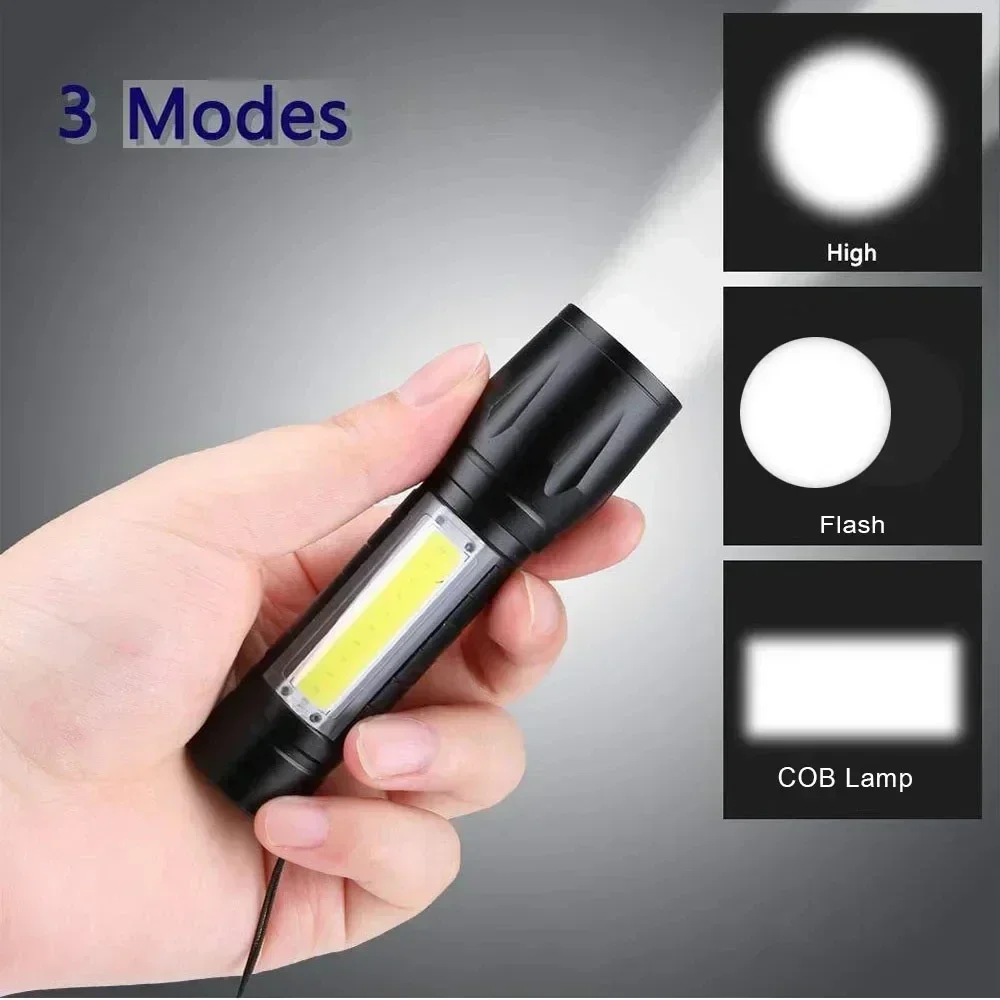 휴대용 COB + LED 캠핑 라이트 손전등 USB 충전식 줌 전술 토치 램프 방수 비상 토치 크리스마스 선물 썸네일 3