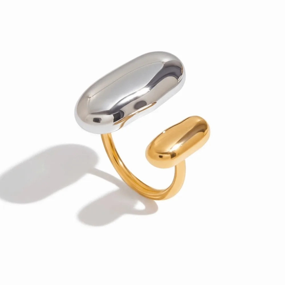High Quality Stainless Steel Geometric Ring Waterproof Two Color Double Layer Ring Hollow Out Open Ring Punk Fashion