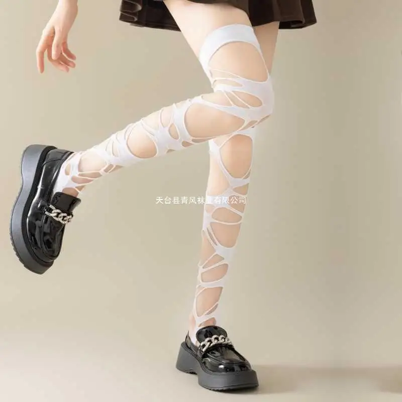 Lange buistrend onregelmatige Goth Punk Le Meat Babes subcultuur zwarte gescheurde kousen legging mesh sokken