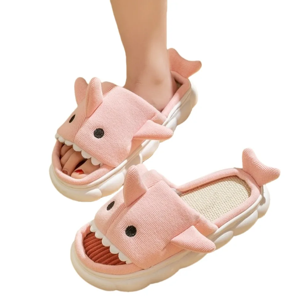 Kawaii Linen Shark Plush Slippers Plush Slides Loafers Winter Shoes Winter Fluffy Slippers Soft Funny Warm Fur Slippers Adults