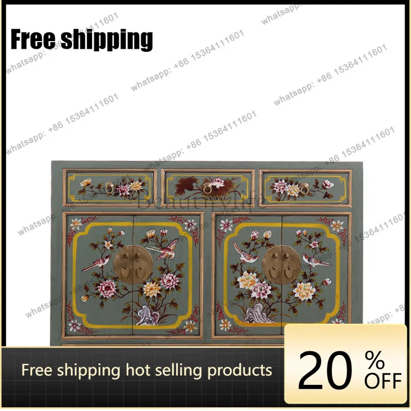 New Chinese Style Painted Furniture Sideboard, Solid Wood Antique Hand-Painted Distressed Style