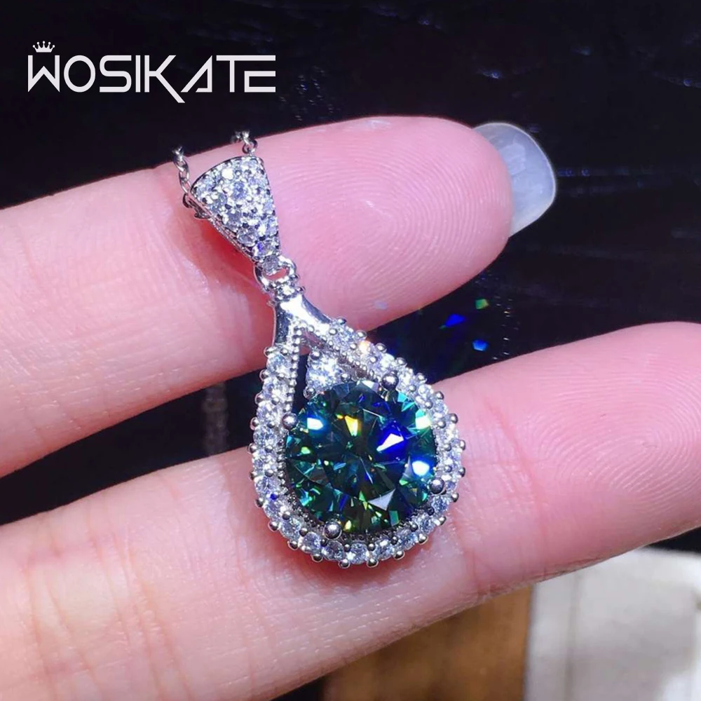 WOSIKATE 925 Silver Luxury Simulation Blue Green Moissanite Pendant Necklace For Women Fashion Jewelry Clavicle Chain Party Gift