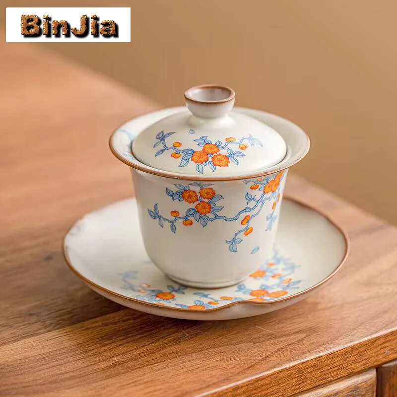 

110 мл абрикосовый цвет, синяя ветка Ru, фарфоровая чаша с крышкой, чашка для чая Sancai с крышкой, одинарный высококачественный набор для кунг-фу