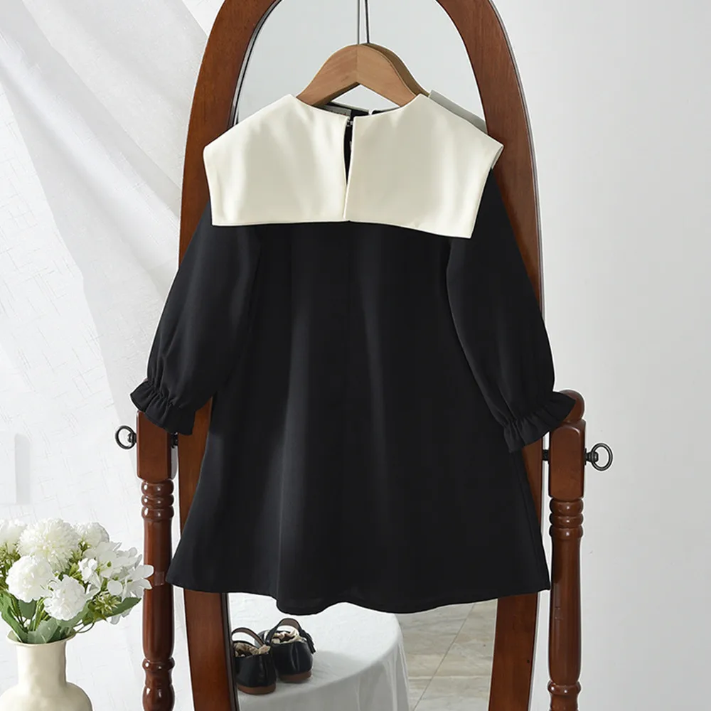 Black Long Sleeved Princess Dress Spring and Autumn Fashion New Large Lapel Bow Kids Dresses for Girls Birthday Party Clothes