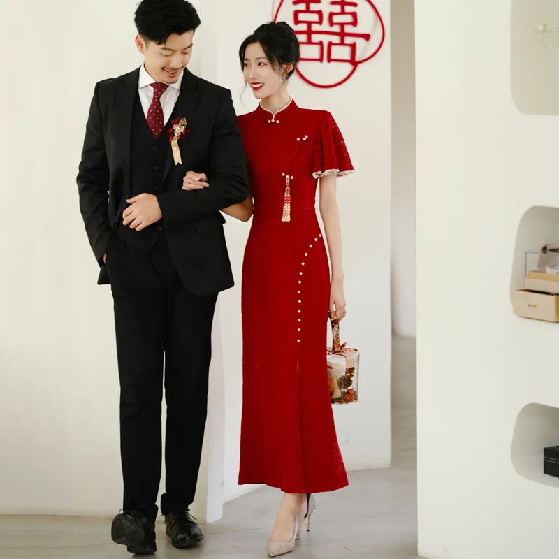 Vestidos Chinese Traditional Cheongsam Dress Woman Wedding Bride Dresses Everning Party Long Qipao Wine Red Compere Formal Skirt