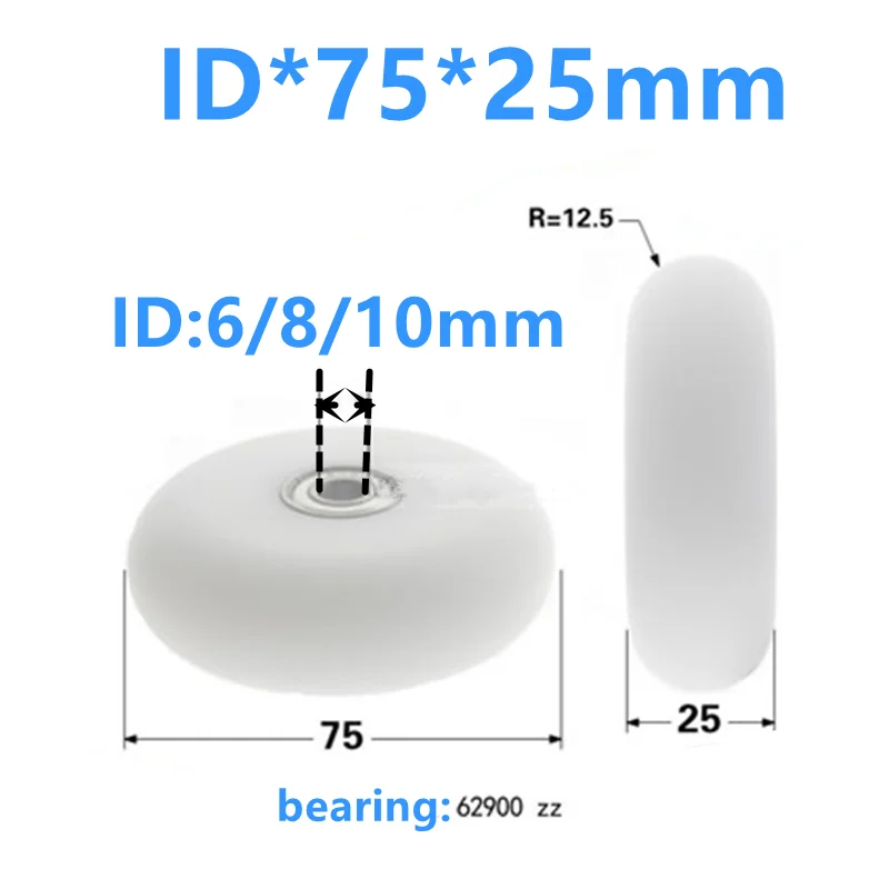 

1Piece 6*75*25mm Spherical Circular Arc Plasticized R12.5 With 25mm Track POM Polyformaldehyde Door And Window Pulley Bearing