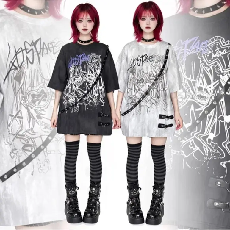 Original Design Gothic Subculture Comic Print Belt Buckle Tie-Dye Short Sleeve T-shirt Cos Women's Oversized Tshirt Loose Tops