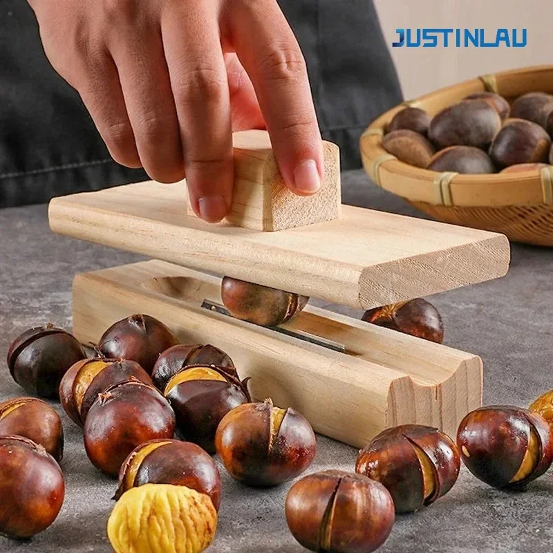 JUSTINLAU Holzkreuz, offenes Kastanienwerkzeug, manueller Kegelöffner, Kastanienbraun, Heimartefakte, Peeling, rohe Kastanien, Lotussamen, Haselnüsse