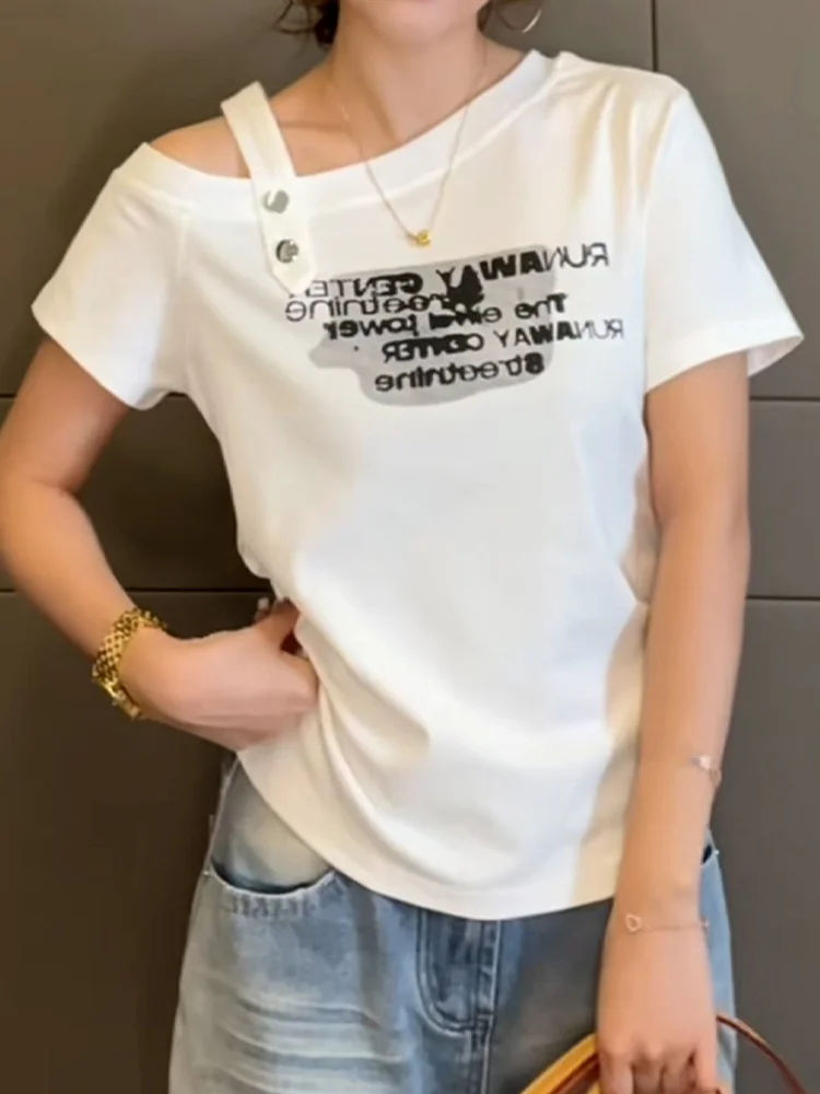 

Casual Versatile Pure Cotton T-irt Women's Summer New Small Size Faion Print ort Sve Letter oulder Bared Top