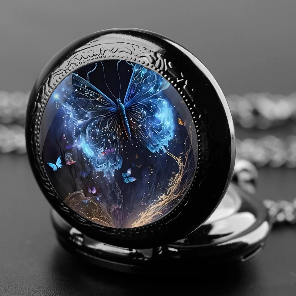 Blue Butterfly Design Glass Dome Quartz Pocket Watch With Durable Chain Arabic Numeral Dial For Men And Women Creative Gifts