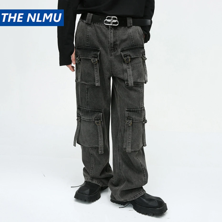 

Multi Pocket Cargo Jeans Men Korean Fashion Loose Straight Denim Pants