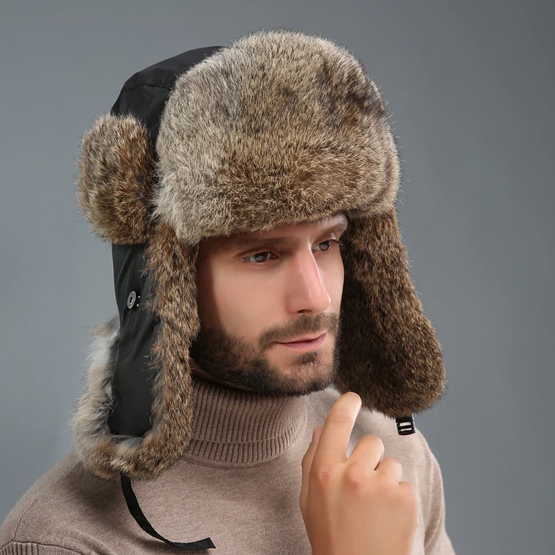 Real Rex Rabbit Fur Hat For Men Winter Thickened Warm Ear Protection Cold-Proof Caps Russian Lei Feng Cap Genuine Fur Hat