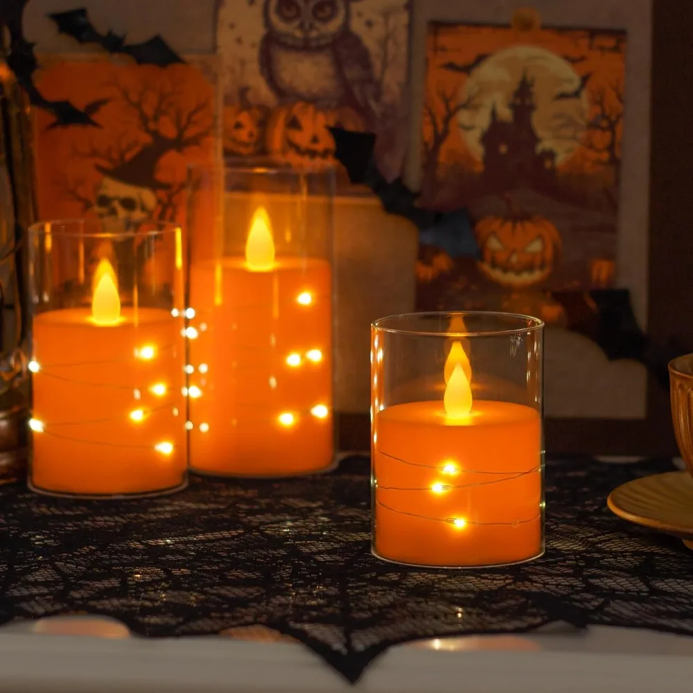 عديمة اللهب وامضة 3 × 4 5 6 شموع بلاستيكية شفافة برتقالية 11 مفتاحًا عن بعد مع أوتار خفيفة، مؤقت دورة يعمل بالبطارية LED Pa