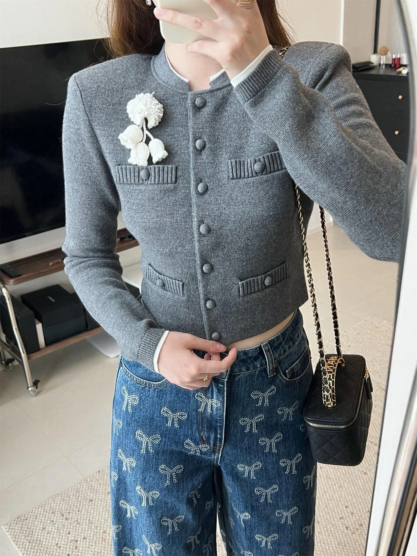 

Ele вязаный открытый кардиган-топ с 3D цветочным декором для женщин, осень-зима, для поездок на работу, средний мягкий длинный све