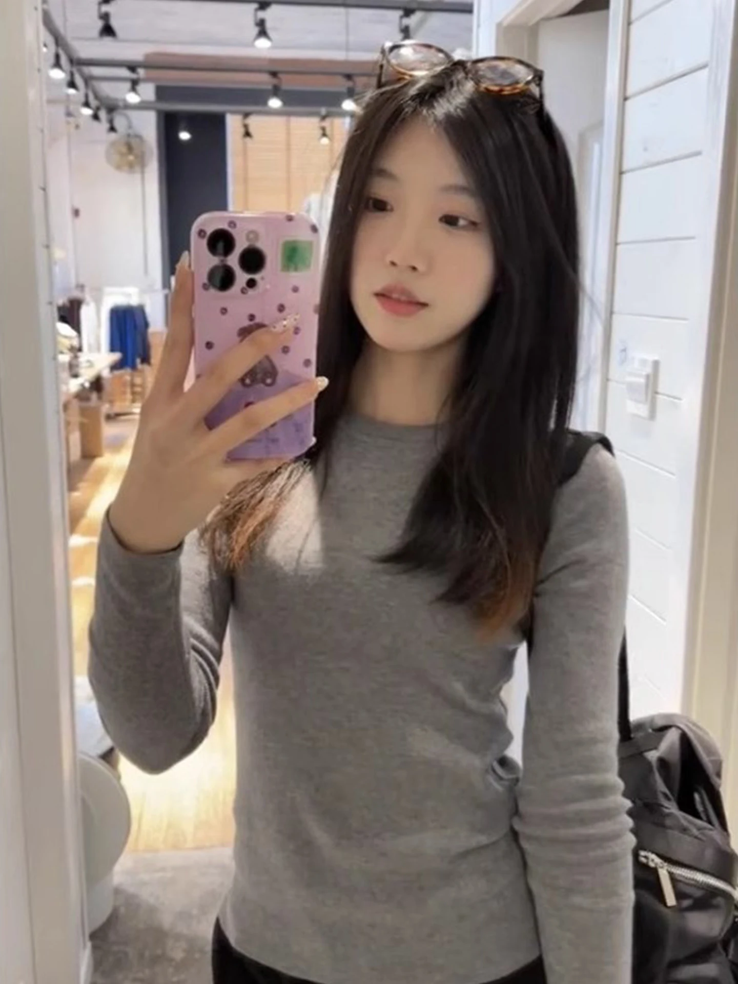 Coreano sle longo sve básico redondo ne camiseta feminina início do outono novo high-end versátil fino ajuste interior usar base irt topo