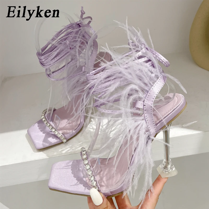 Eilyken Fashion Summer Rhinestone Feather Women Sandals Lace-up Cross-Tied Sexy Gladiator Square Toe Ladies High Heel Shoes