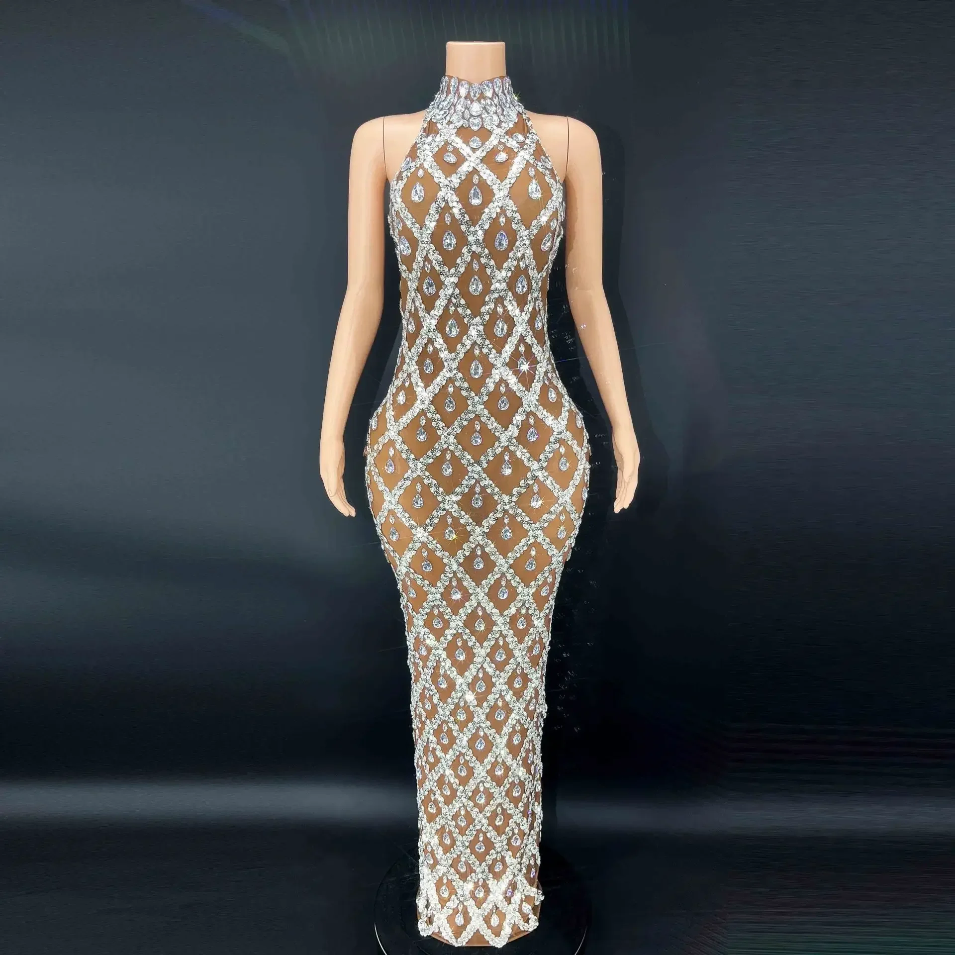 Transparent Long Dress Evening Birthday Celebrate Luxurious Costume Sparkly Silver Big Rhinestone Dancer Flashing Dress