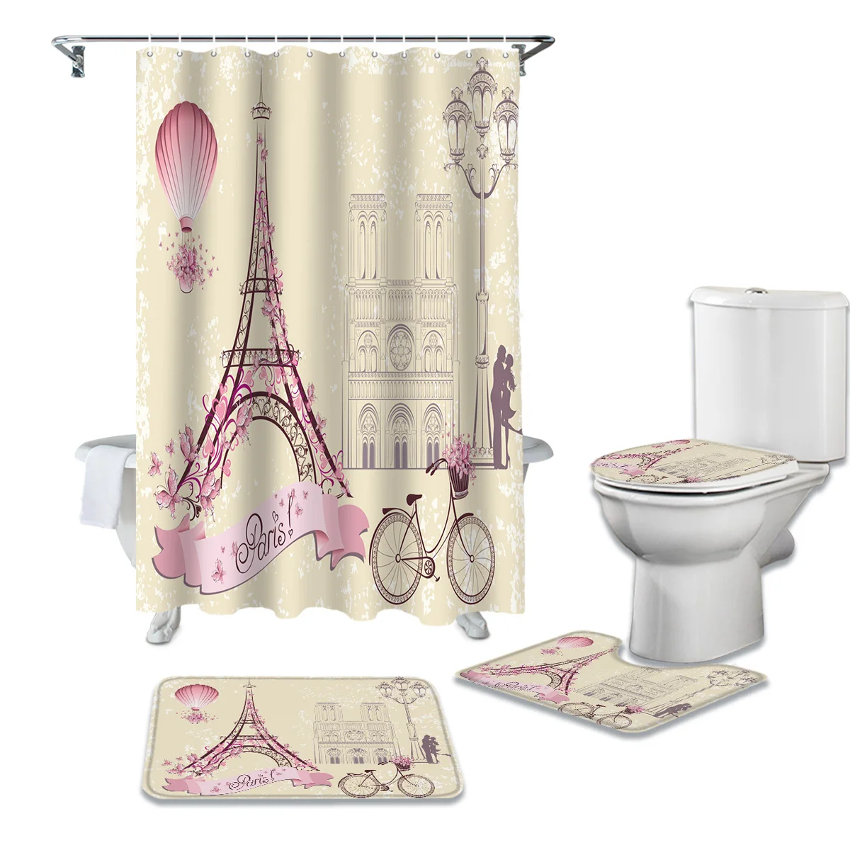 French Paris Tower Shower Curtain Sets Non-Slip Rugs Toilet Lid Cover and Bath Mat Waterproof Bathroom Curtains