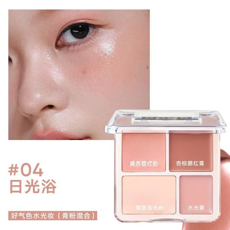 Palette tout-en-un de fard à joues et de contour de 4 couleurs, Palette de maquillage en poudre mate nacrée pouvant éclaircir, créer en trois dimensions
