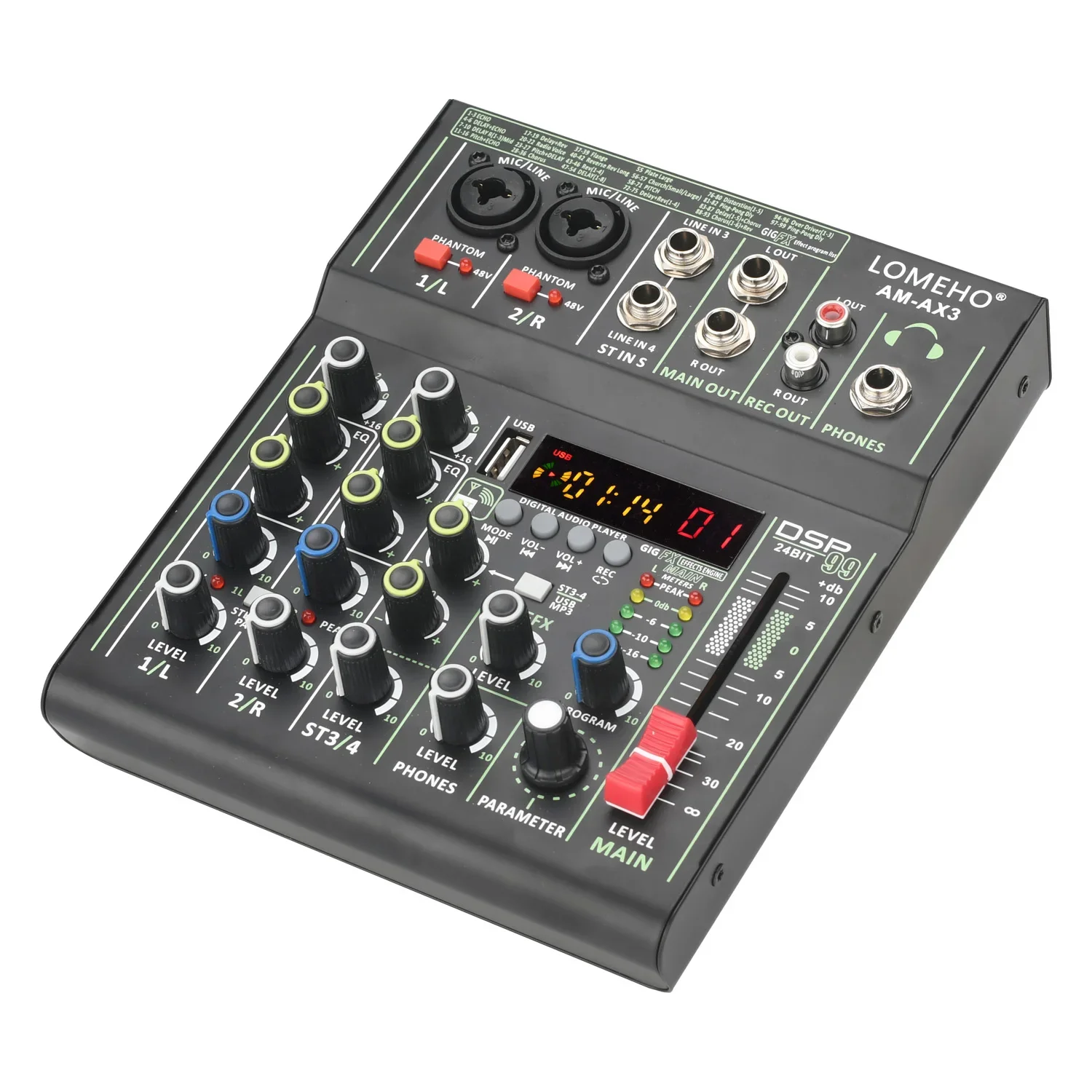 Lomeho 4-Kanal-Audio-Mixer Mini tragbare Sound-Mischpult Bluetooth USB-Wiedergabe aufzeichnung 99 DSP-Effekt 48V DJ-Controller-AM-AX3